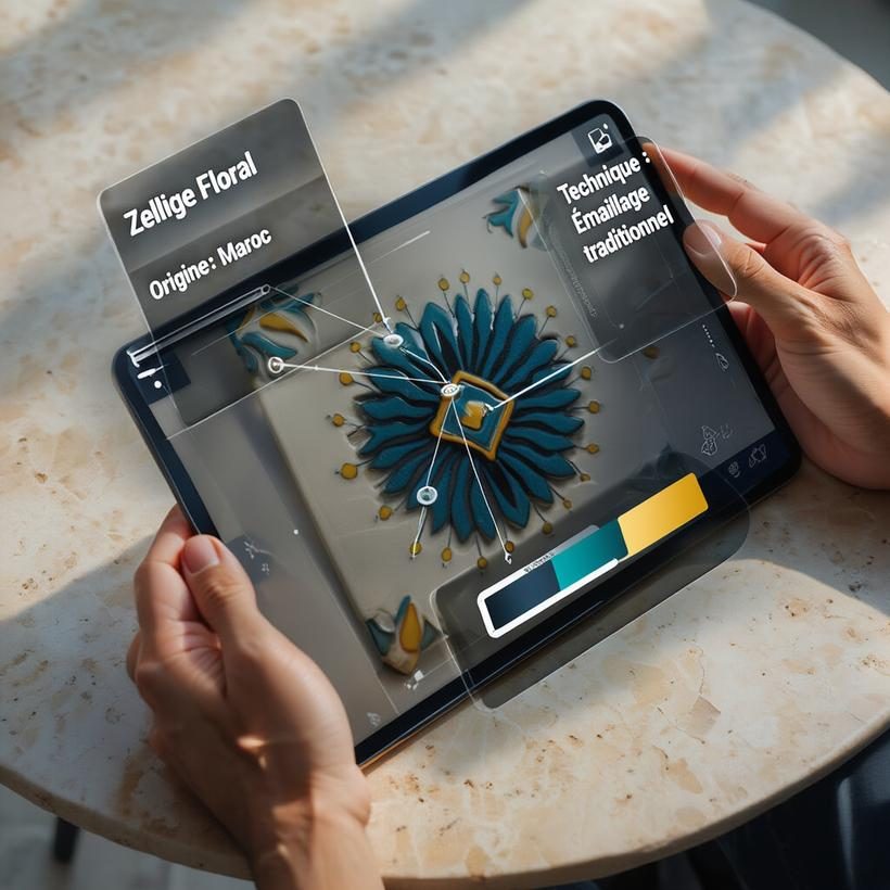 Tablette affichant en réalité augmentée un motif de zellige floral au-dessus d'un carreau réel