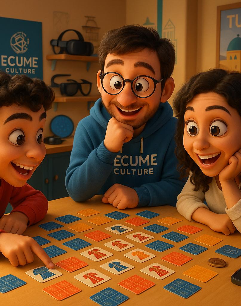 Illustration ECUME : un médiateur et deux enfants jouant à un jeu de cartes patrimonial